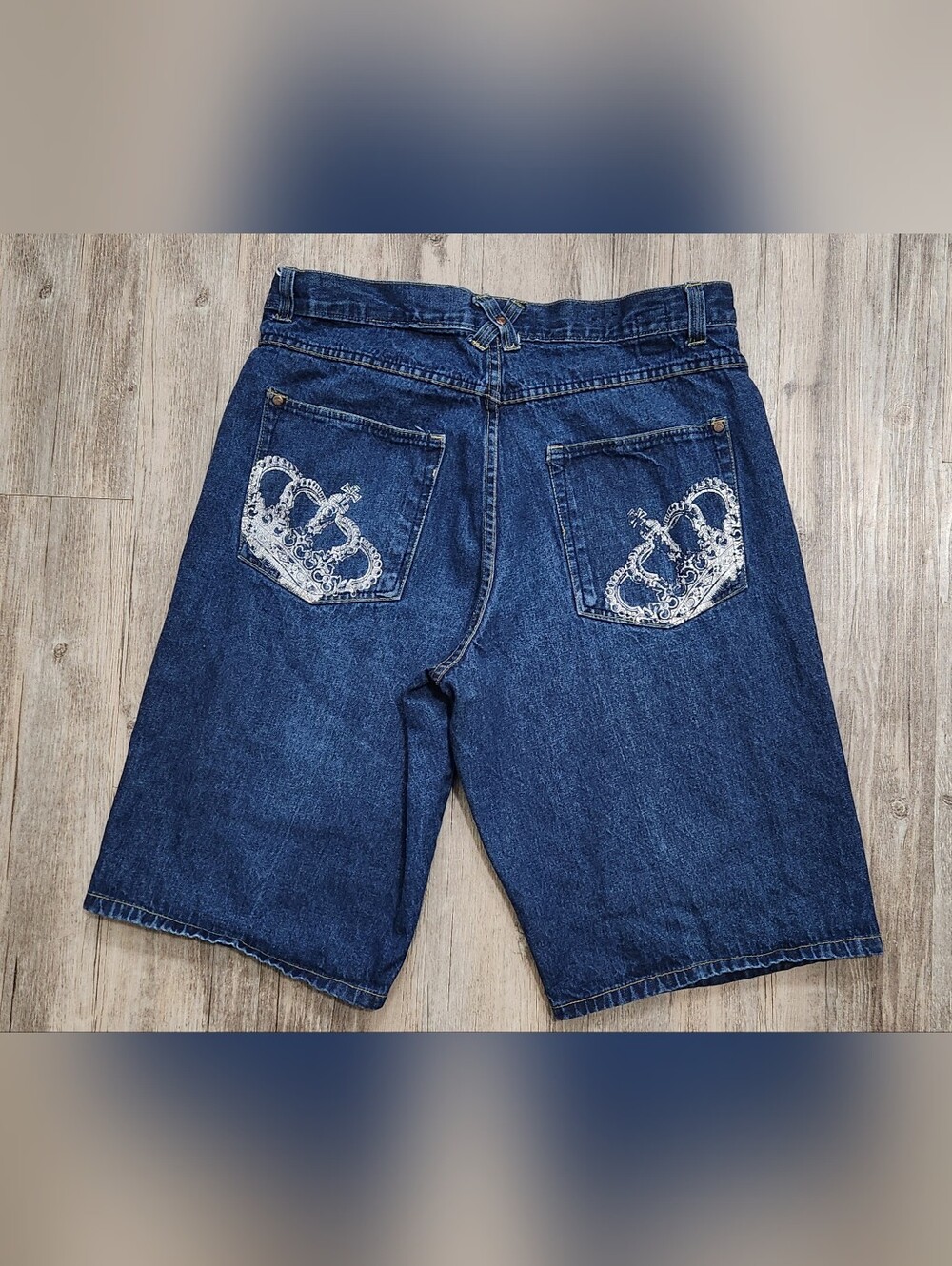 Karl Kani Dark Blue Denim Shorts with White Crown graphics Baggy 36x13